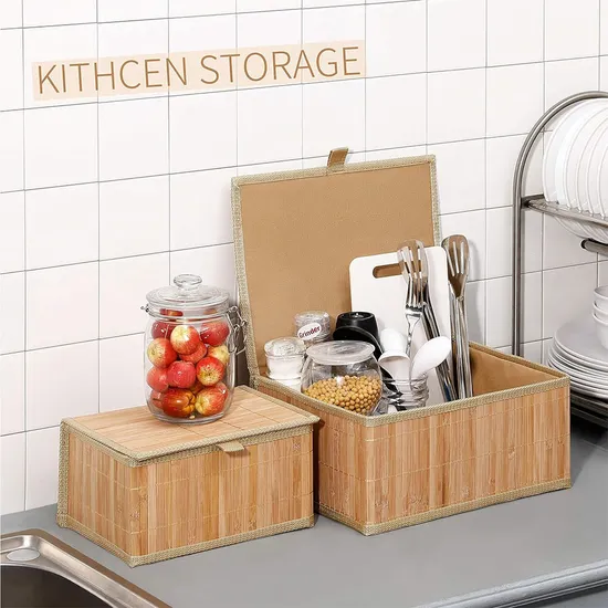 Bamboo Storage Boxes Basket for Bathroom Bedroom Corner with Lids Handle 