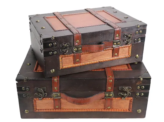 Vintage Wooden Suitcase Set/2, Antique Home Storage Box with Leather Cover & Flat Top Handicrafts Briefcase Box Portable Hamper Chest, Packing Box for Picnic 