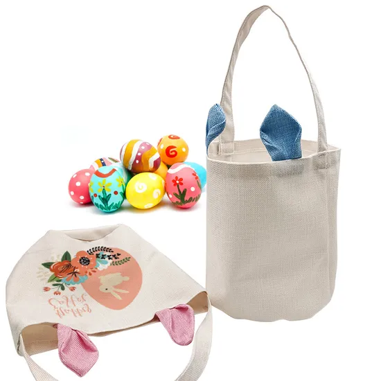 Sublimation Easter Rabbit Ears Cotton and Linen Portable Basket Bag 