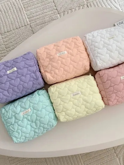 Cute Quilted Cotton Organizer Soft Puffer Travel Toiletry Polyester Makeup Cosmetic Bag 