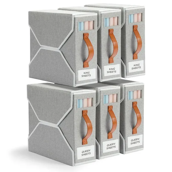 6pack Bed Sheet Organizer for Closet Storage Box with Handle and Label 