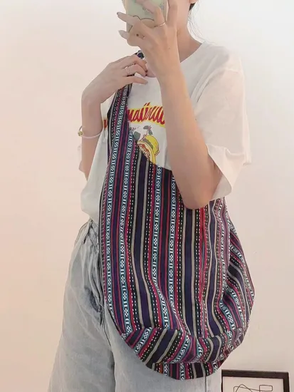 Guangzhou Factory Europe, America and Korea Style Women One Shoulder Cotton and Linen Canvas Jacquard Casual Women′s Bag 