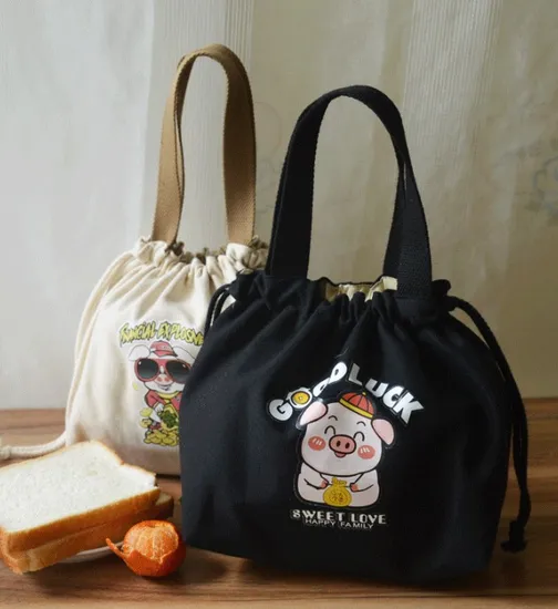 Drawstring Portable Cotton Cute Cartoon Printed Canvas Hand Carry Lunch Bag 