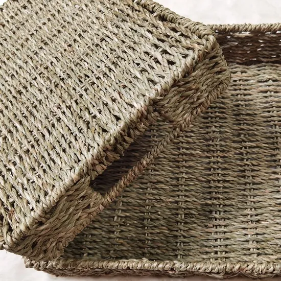 Grass Woven Wood Handle Handmade Straw Woven Desktop Storage Basket Storage Box